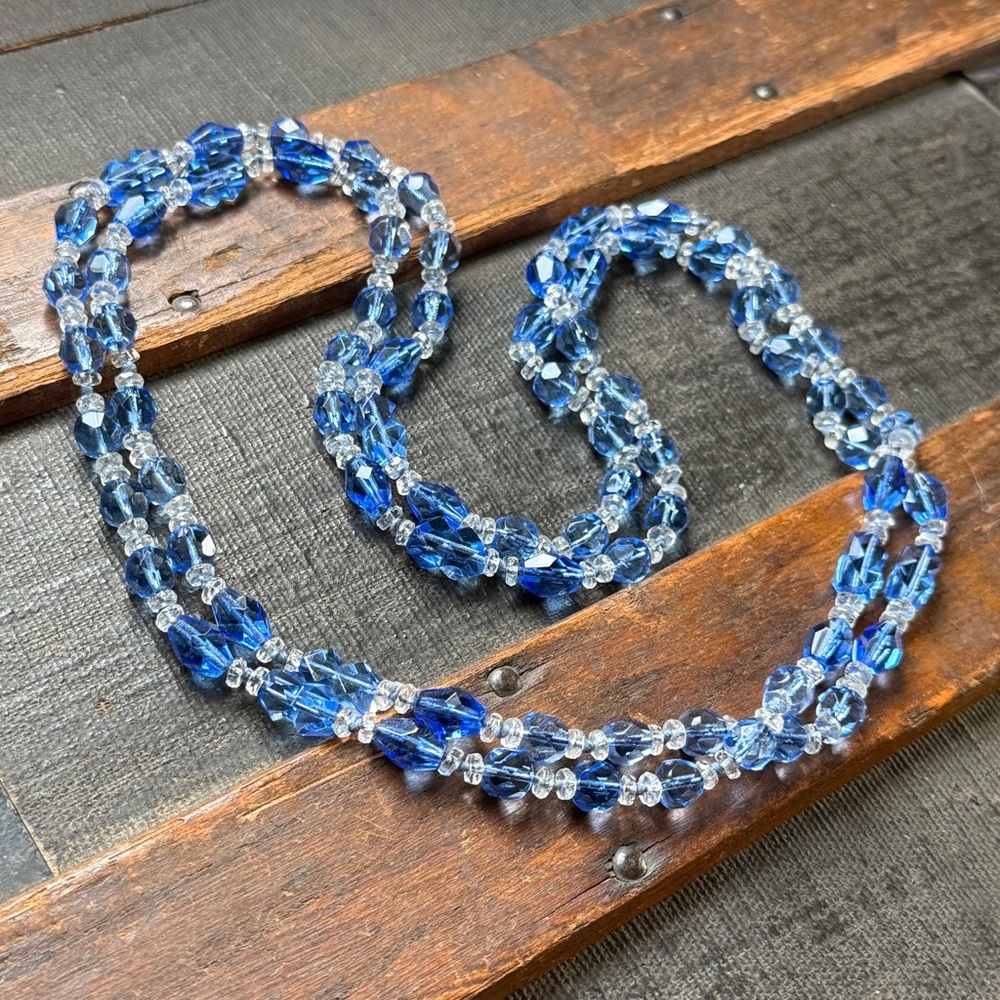 Vintage 1920’s Czech Sapphire Glass Flapper Necklace with Clear Spacers, 54”